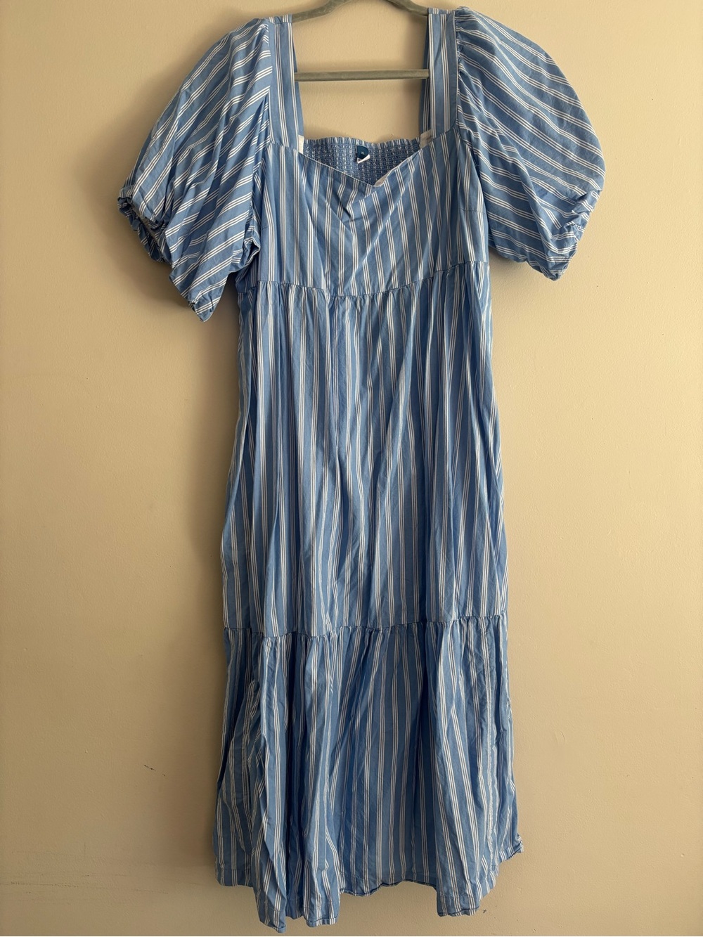Old Navy Light Blue & White Striped Midi Dress with Puff Sleeves